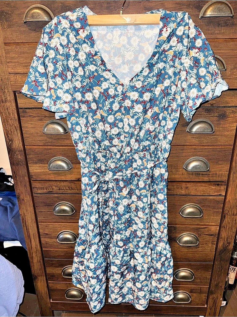 Floral Midi Dress in Blue & White Size Medium